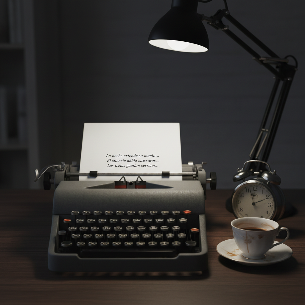 Una vieja máquina de escribir metálica en tono gris grafito, con teclas redondas de superficie ligeramente gastada, sostiene una hoja casi en blanco donde solo se leen unas pocas líneas centradas. Está situada sobre un escritorio de nogal oscuro junto a una taza de porcelana fina con restos de café frío y un reloj analógico detenido marcando las 3:17. La luz entra desde un único flexo de cuello articulado, generando un círculo luminoso que recorta el teclado y deja el resto en penumbra suave. Fotografía de realismo detallado, tomada a nivel de mesa con enfoque en la hoja y el inicio del texto, fondo con bokeh profundo. El ambiente es introspectivo, silencioso y levemente melancólico, perfecto para literatura íntima y nocturna.